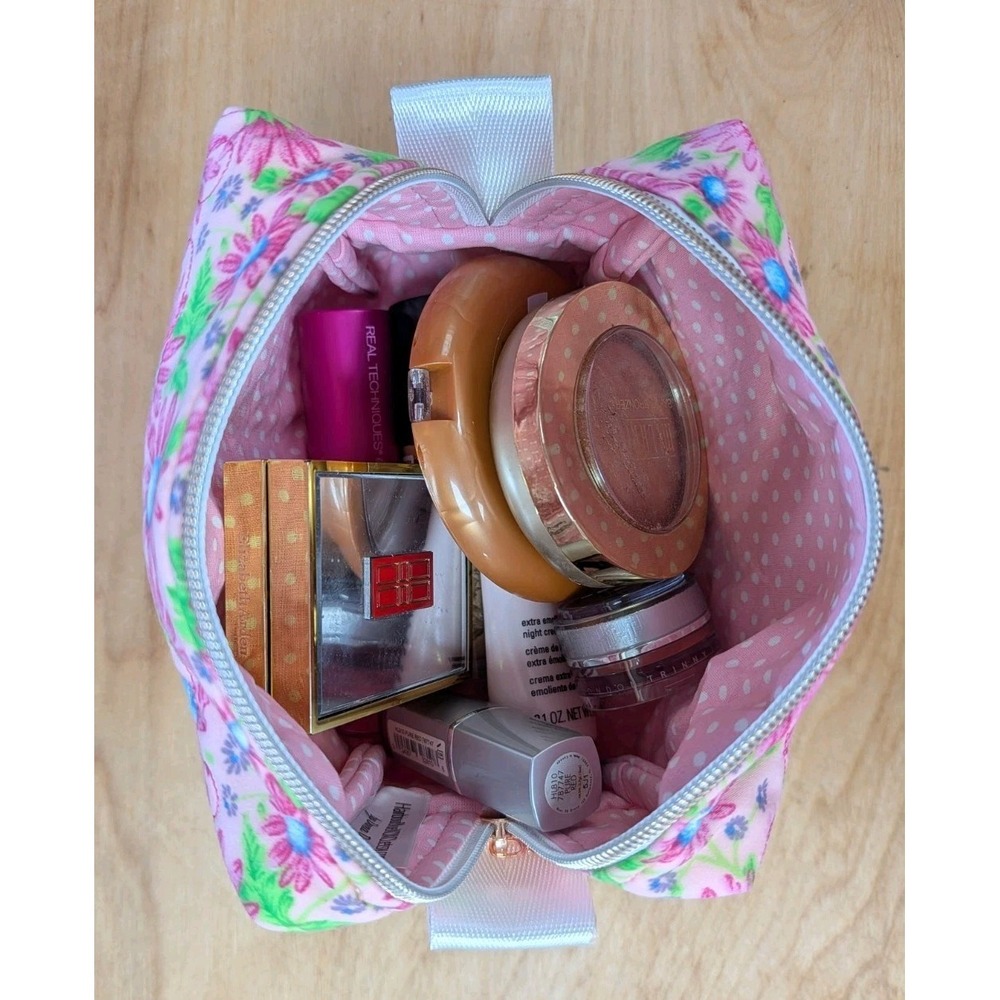 Embroidered MAKEUP Cosmetic Toiletries Pink Aster + Matching Key Fob SET - Picture 10 of 11
